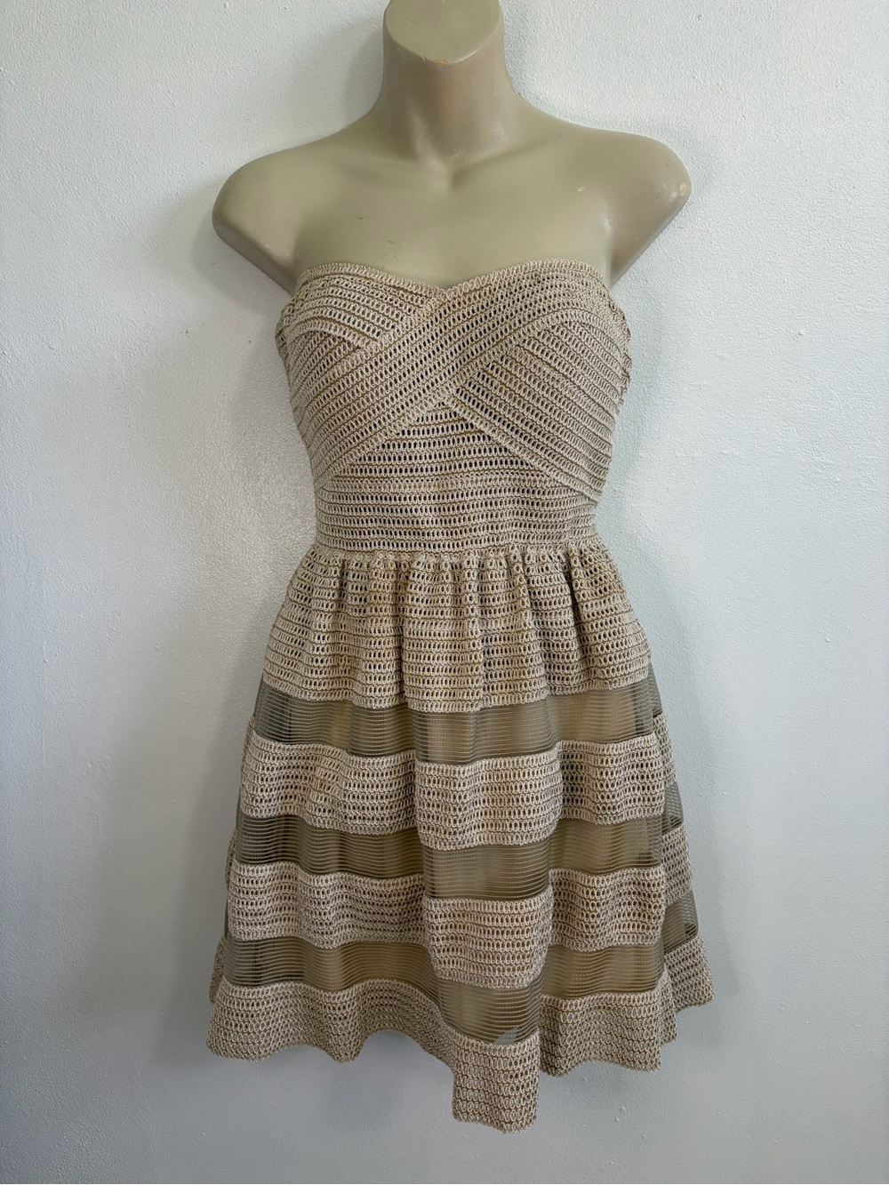 WOW Couture Tan Crochet Strapless Mini Dress NWT Small